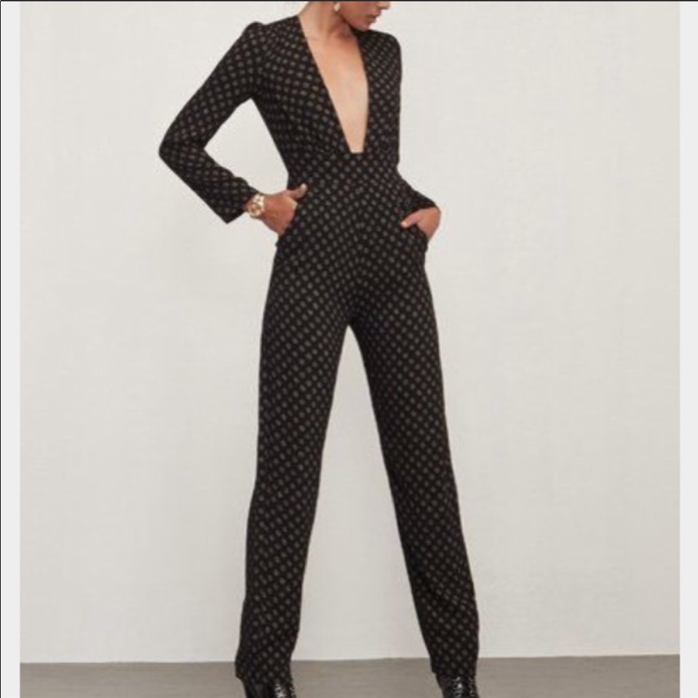 Reformation Mayhem long sleeve plunge jumpsuit 0
